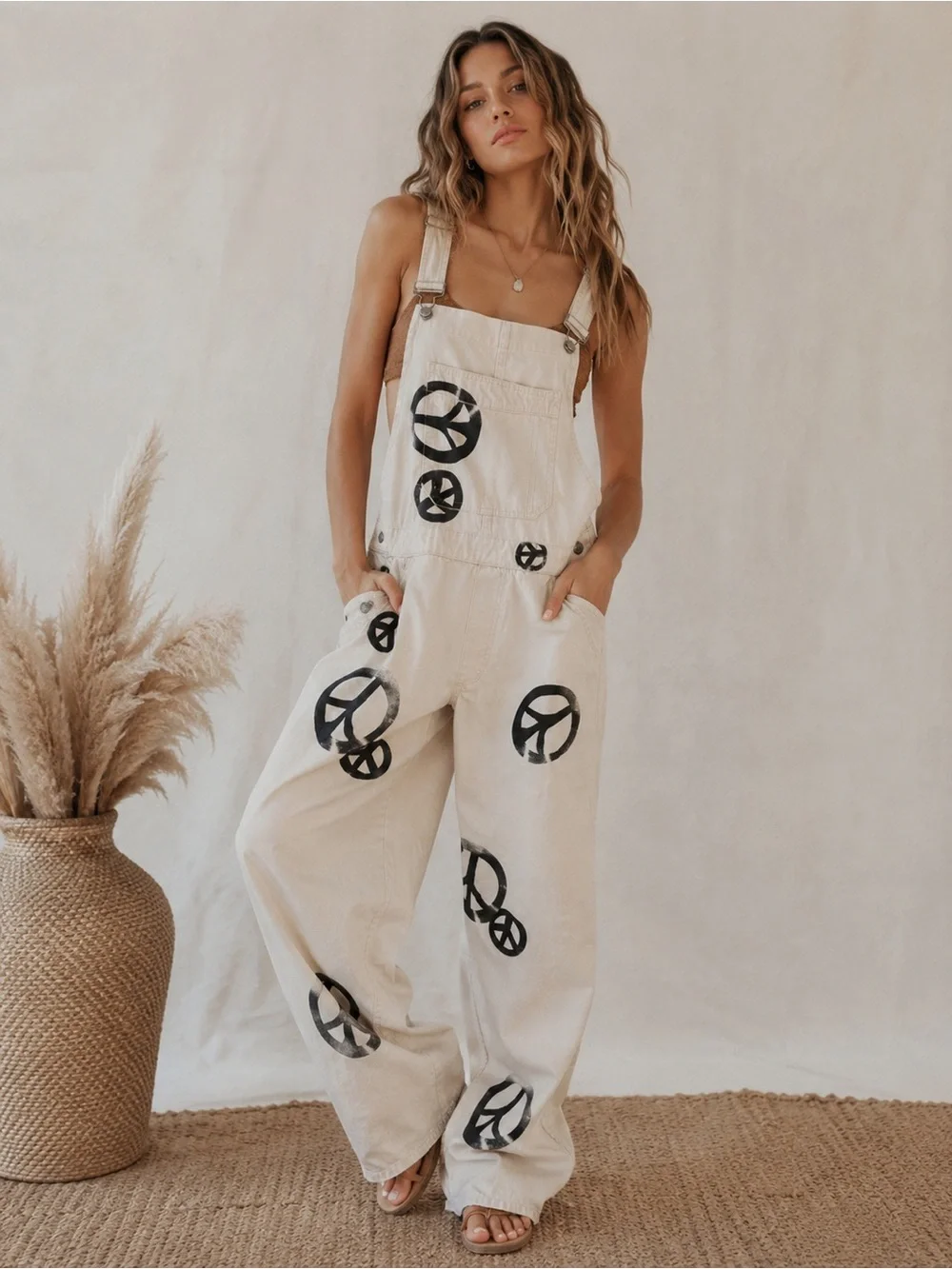 Free People Cream Peace Sign Boho Wide Leg Utility Jumpsuit Overalls size Medium
